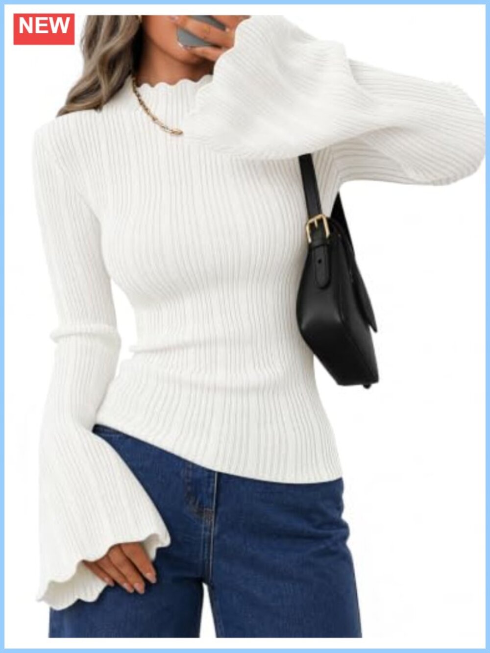 Women's Knit Pullover Sweater Mock Neck Bell Long Sleeve
